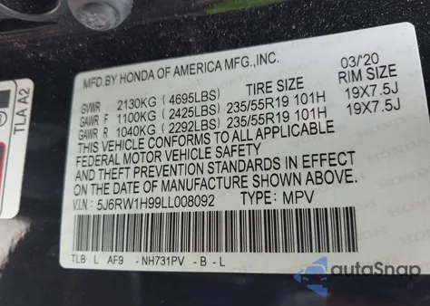 2020 Honda Cr-V 2Wd Touring z USA, uszkodzony, nr VIN 5J6RW1H99LL008092